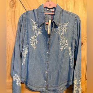 Solitaire Blue Button Down Shirt with White Embroidery
